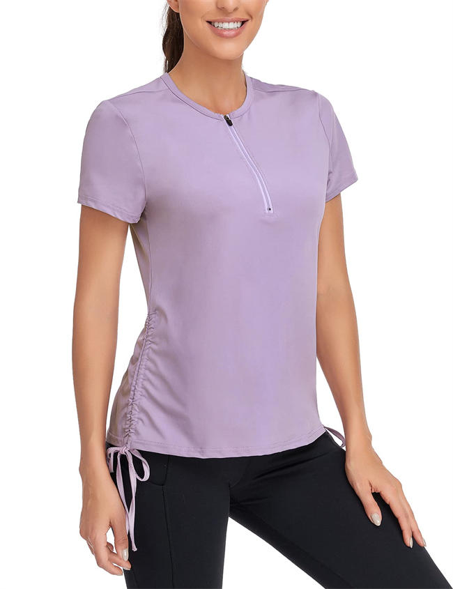 Women Zip Up Short Sleeve Side Drawstring Sports Shirts Quick Dry Workout Golf Running Yoga Top