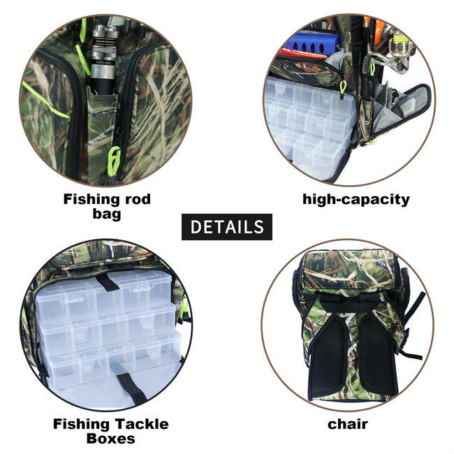 Fishing Backpack Tackle Box Bag with Rod Holder Boxes 60L Foldable Fishing Chair, perfect for Outdoor, used by Men