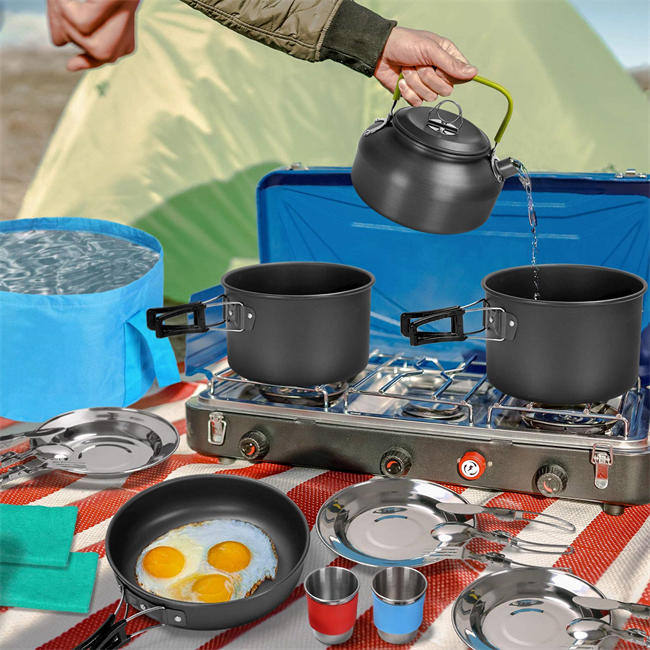 29pcs Camping Cookware Mess Kit, Non-Stick Lightweight Pots Pan Kettle, Collapsible Water Container and Bucket, Stainless Steel Cups Plates Forks Knives Spoons for Outdoor Backpacking Picnic